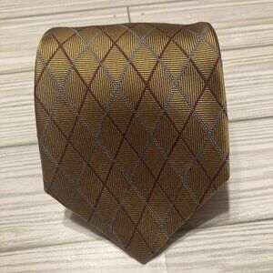 Brooks Brothers Makers Tie All Silk Geometric Pattern Gold Brownish Red Blue USA